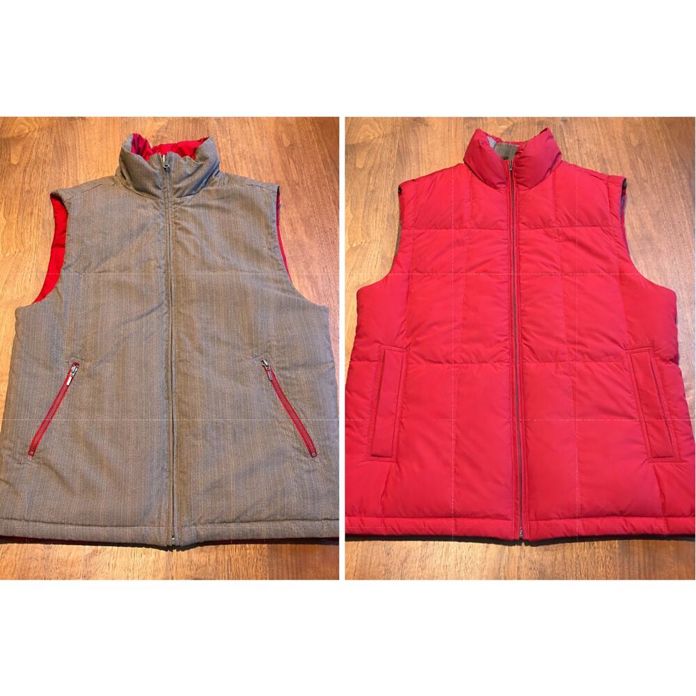 Eddie Bauer Mens Medium‎ Reversible Down Puffer Vest Red Gray Quilted Zip
